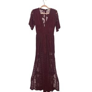 GB Floral Lace Deep V-Neck Maxi Dress S Burgundy Excellent Short Sleeve Boho